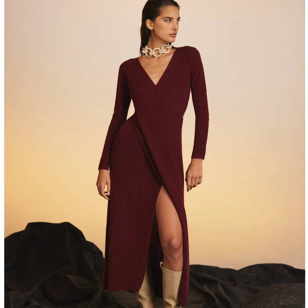 Cult Gaia Lissie Burgundy Side Cutout Wrap Knit Maxi Long Sweater Dress